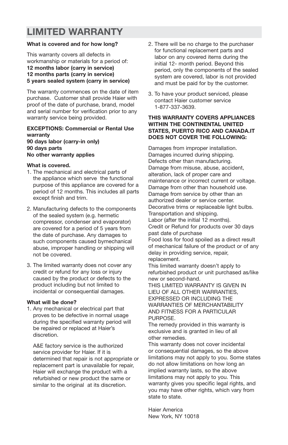 Limited warranty | haier AES44 User Manual | Page 14 / 15