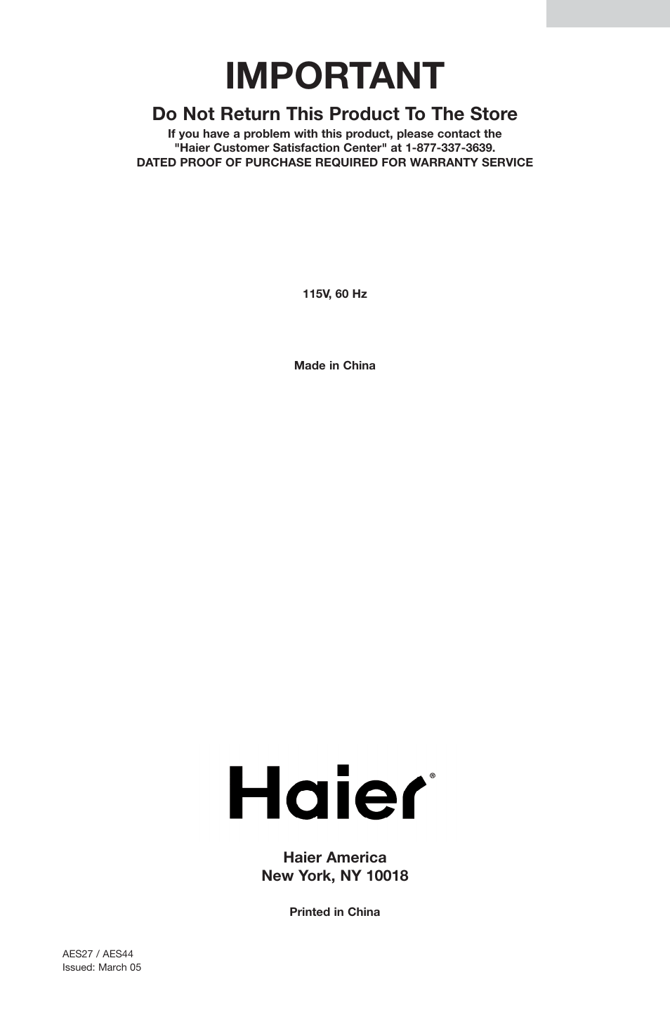 Important, Do not return this product to the store | haier AES44 User Manual | Page 15 / 15