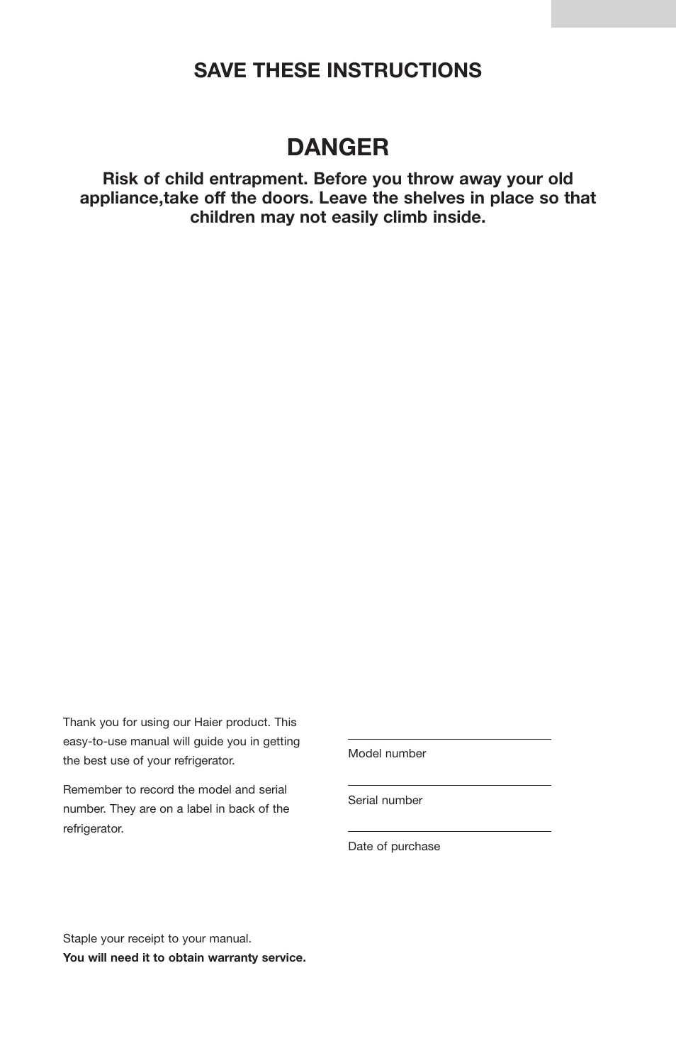 Danger, Save these instructions | haier AES44 User Manual | Page 3 / 15