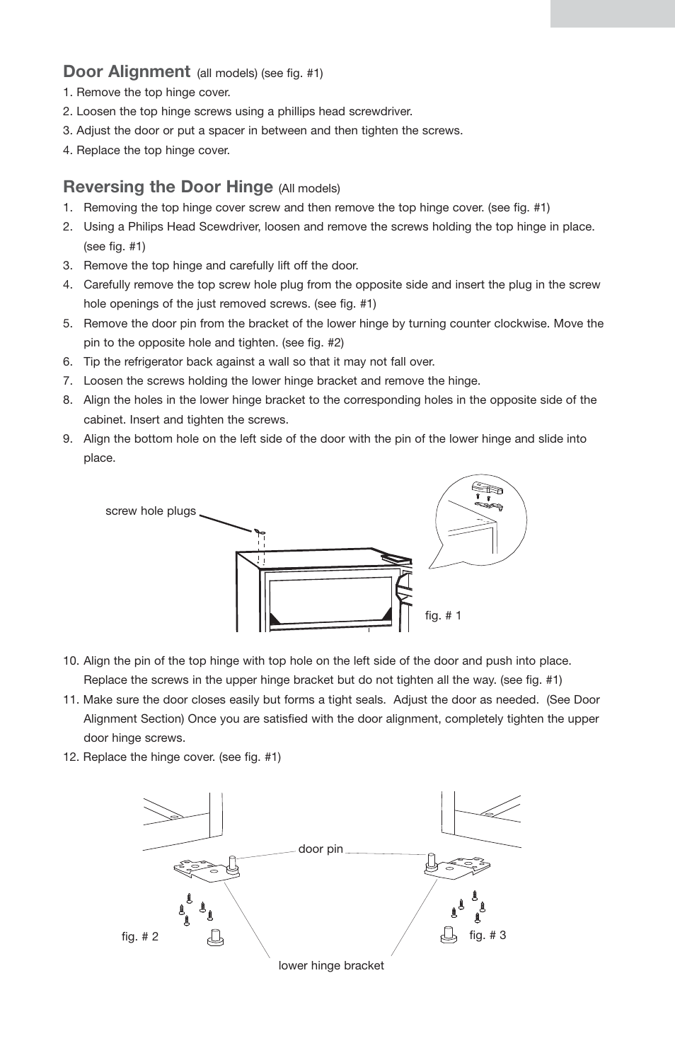 Door alignment, Reversing the door hinge, English 6 | haier AES44 User Manual | Page 7 / 15