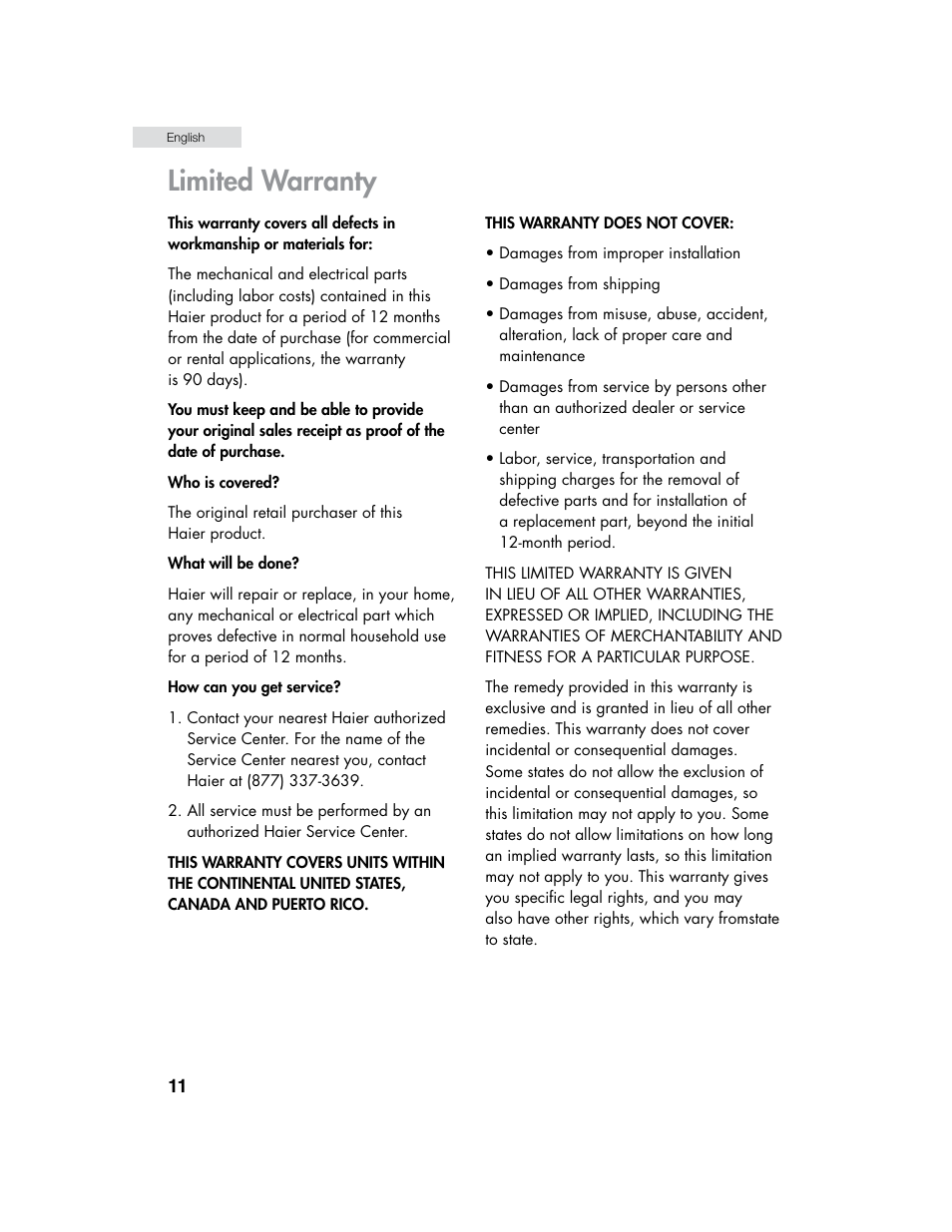 Limited warranty | haier HHX6130 User Manual | Page 12 / 36