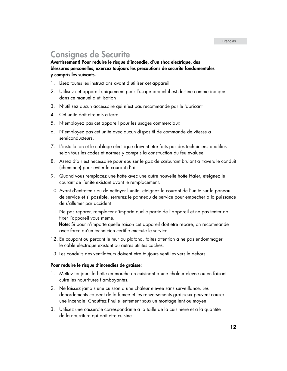 Consignes de securite | haier HHX6130 User Manual | Page 13 / 36