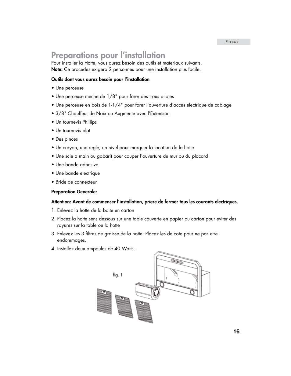Preparations pour l’installation | haier HHX6130 User Manual | Page 17 / 36