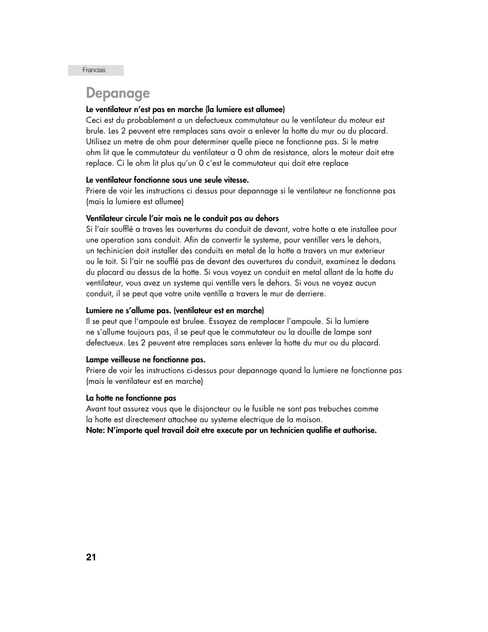 Depanage | haier HHX6130 User Manual | Page 22 / 36