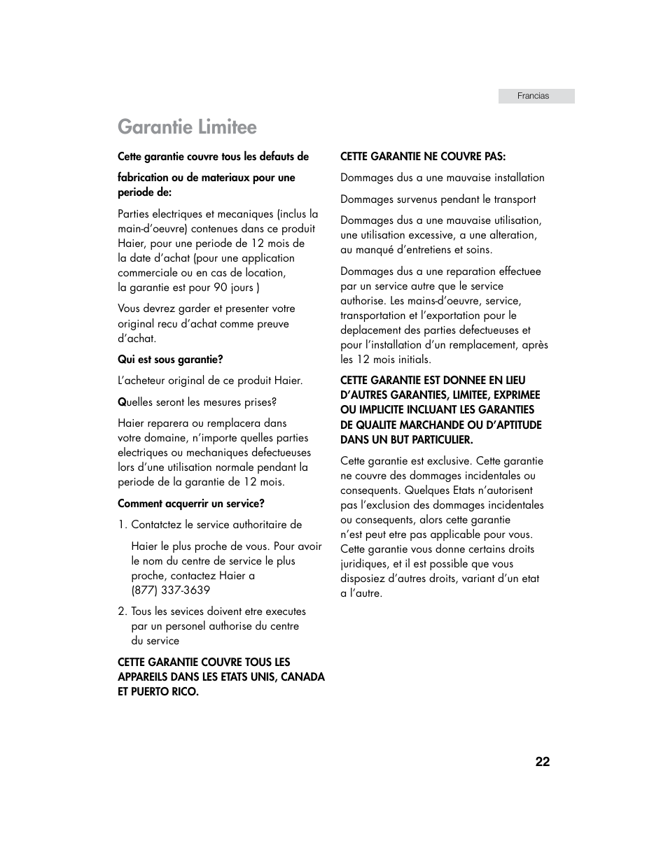 Garantie limitee | haier HHX6130 User Manual | Page 23 / 36