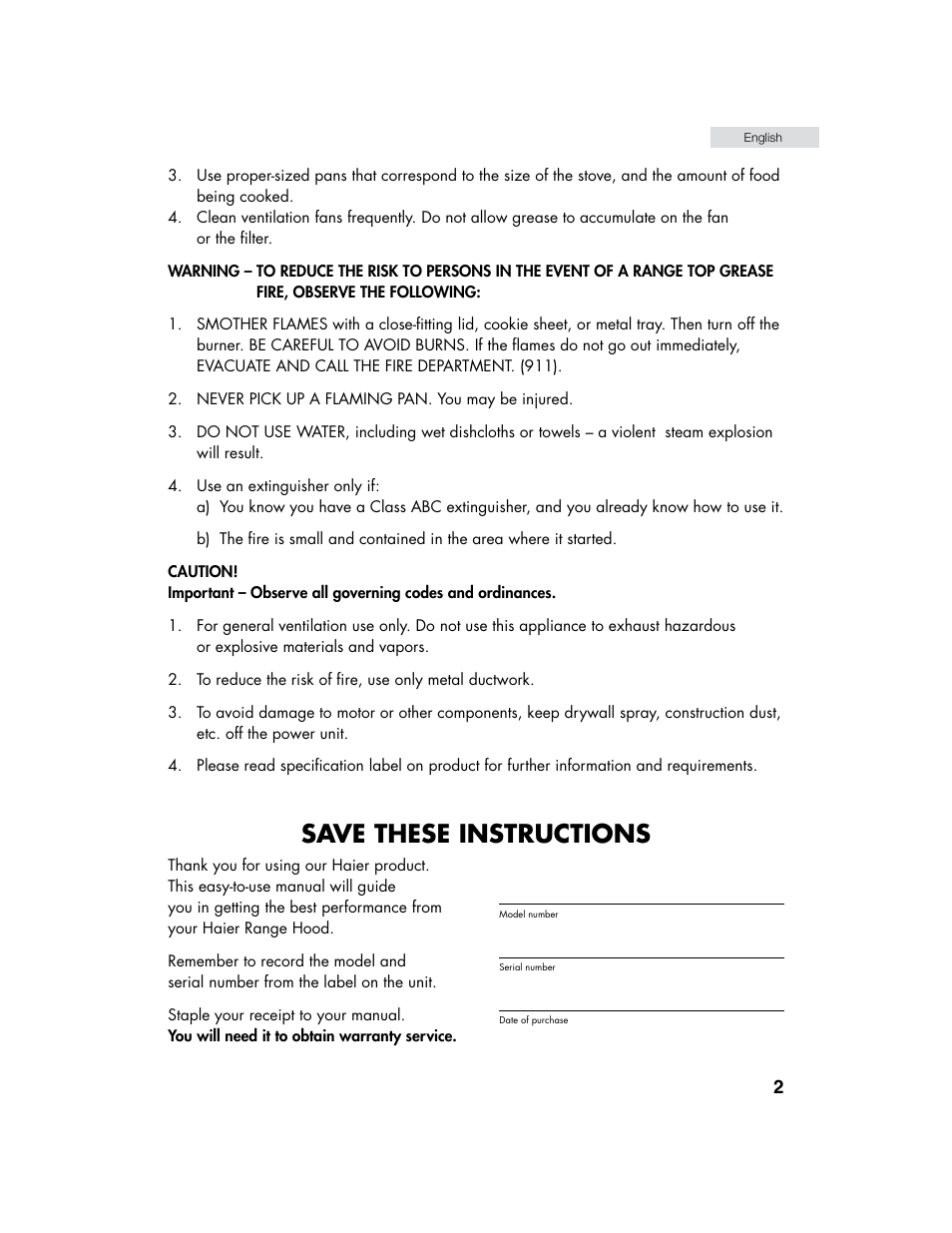 Save these instructions | haier HHX6130 User Manual | Page 3 / 36