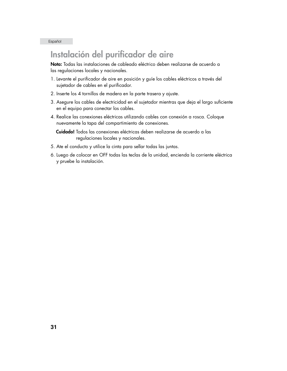 Instalación del purificador de aire | haier HHX6130 User Manual | Page 32 / 36