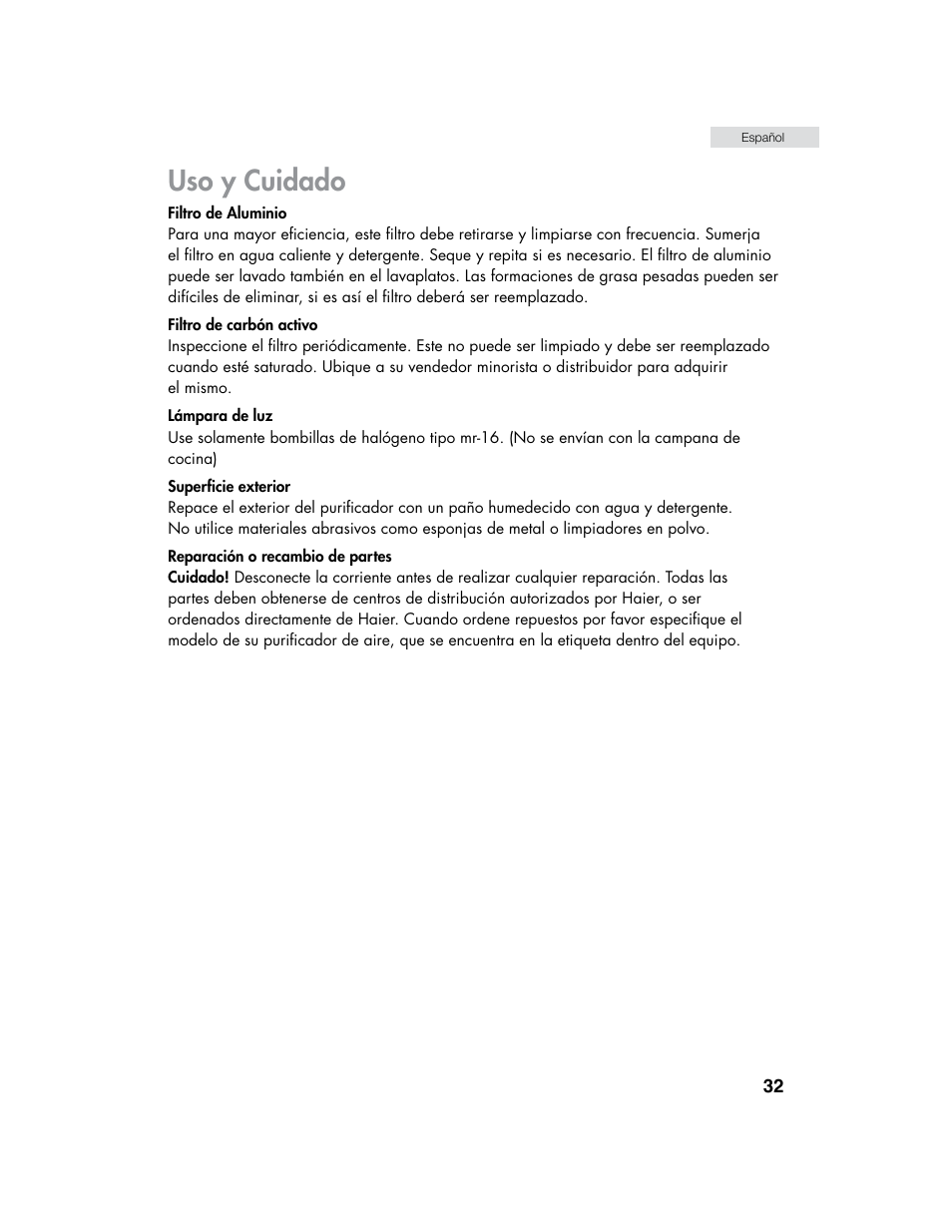 Uso y cuidado | haier HHX6130 User Manual | Page 33 / 36