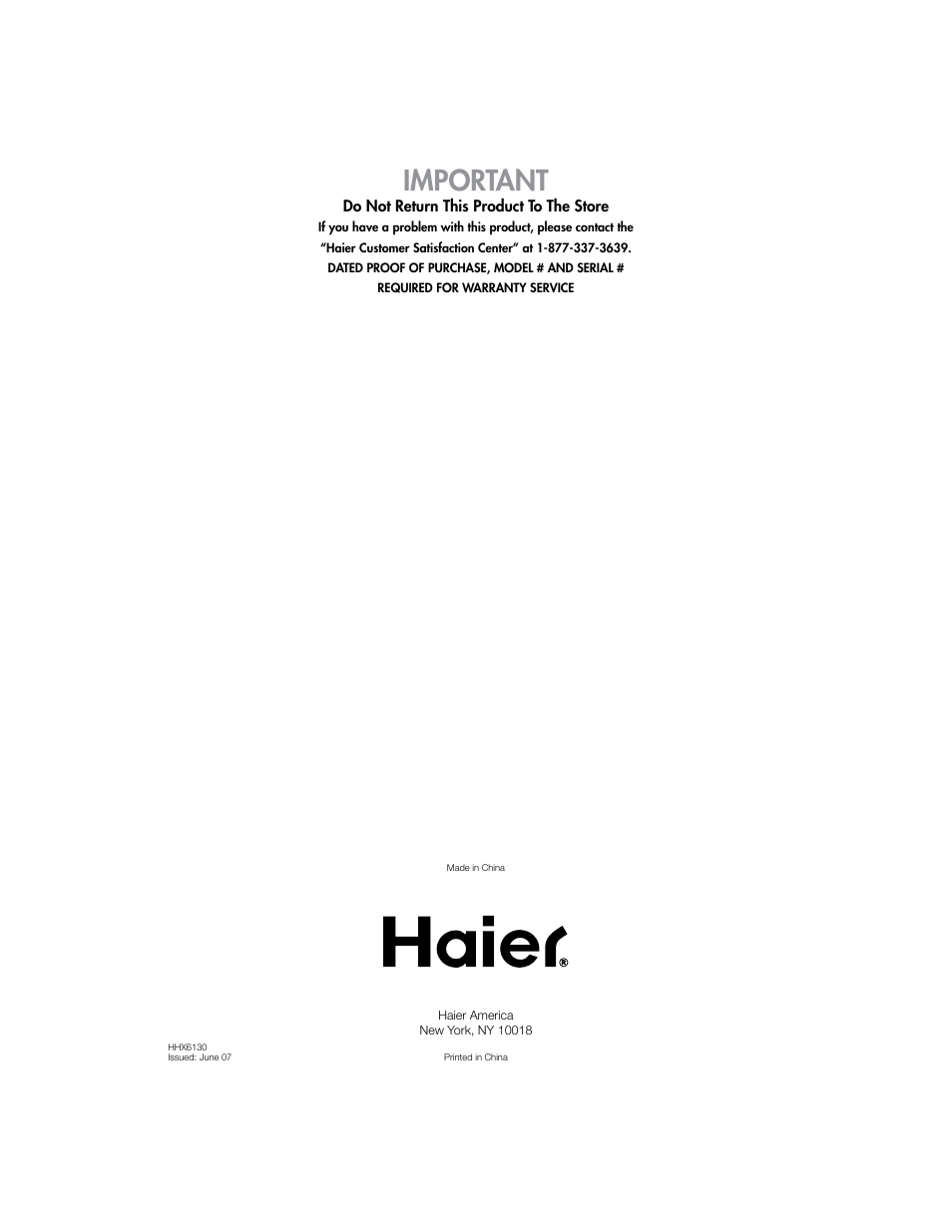 Important | haier HHX6130 User Manual | Page 36 / 36