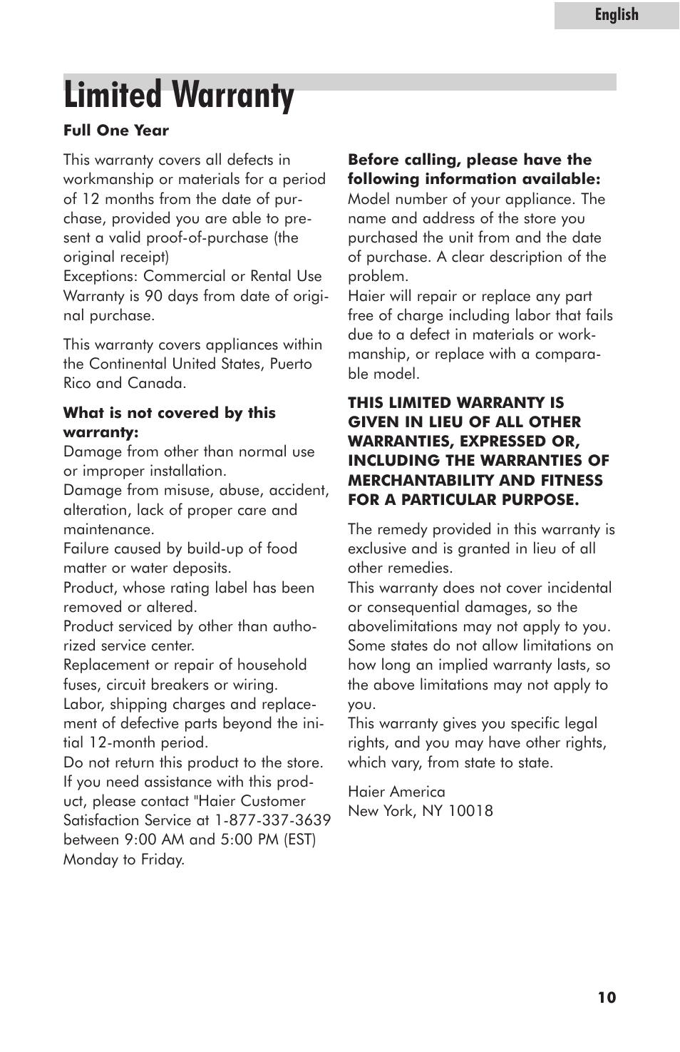Limited warranty | haier HPIM35W User Manual | Page 11 / 12