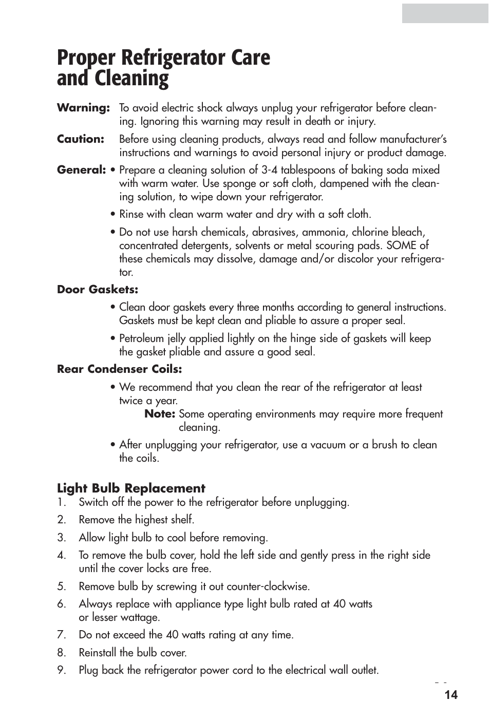 Proper refrigerator care and cleaning | haier HRF12WNDWW User Manual | Page 15 / 54
