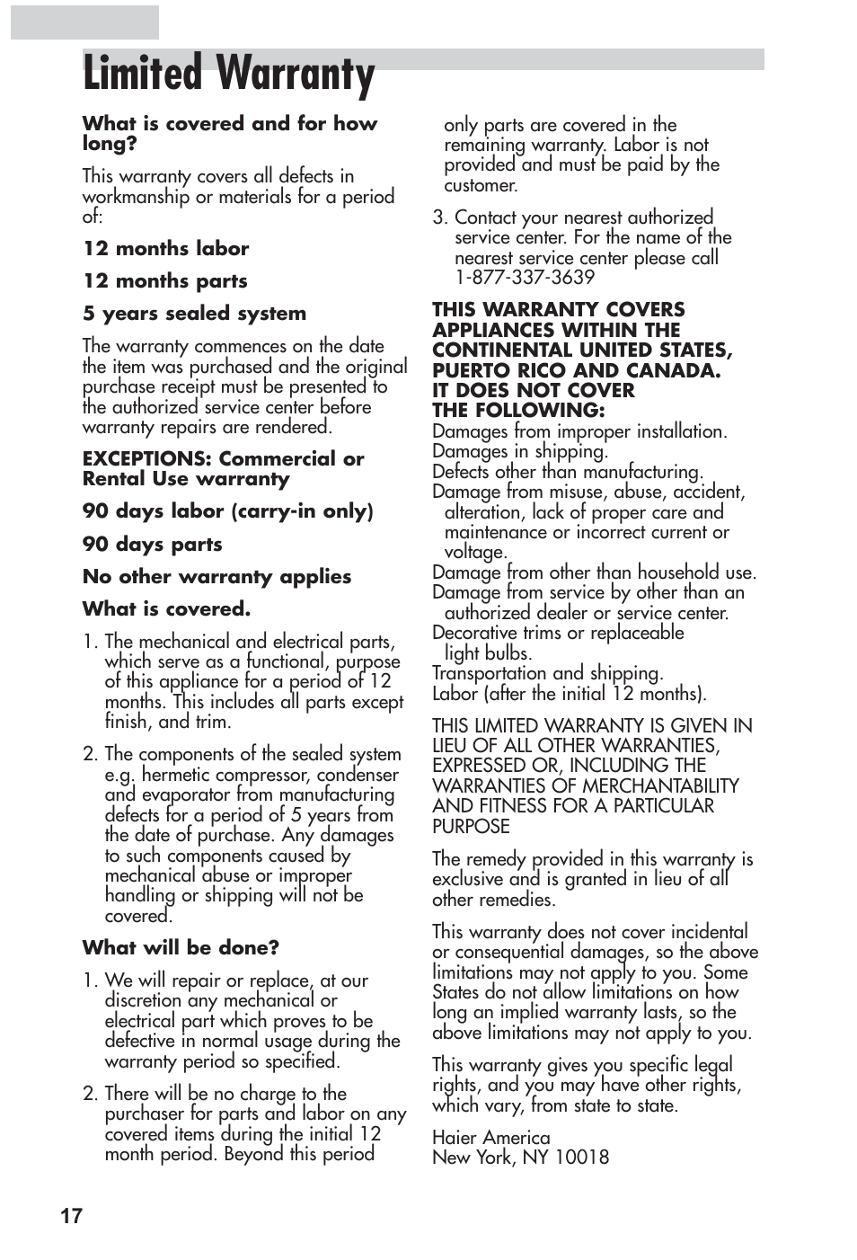 Limited warranty | haier HRF12WNDWW User Manual | Page 18 / 54