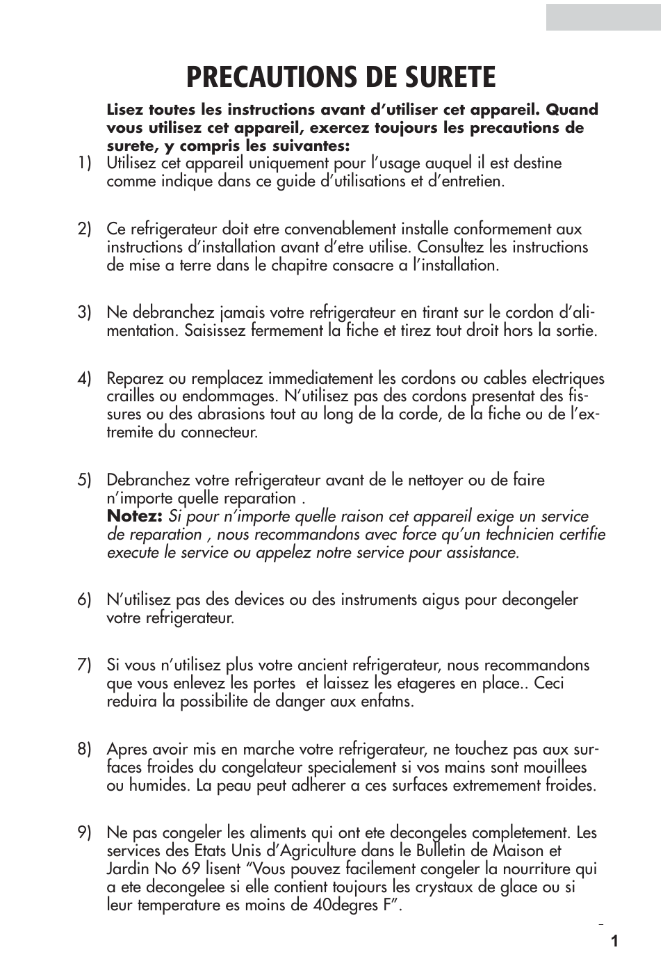 Precautions de surete | haier HRF12WNDWW User Manual | Page 19 / 54