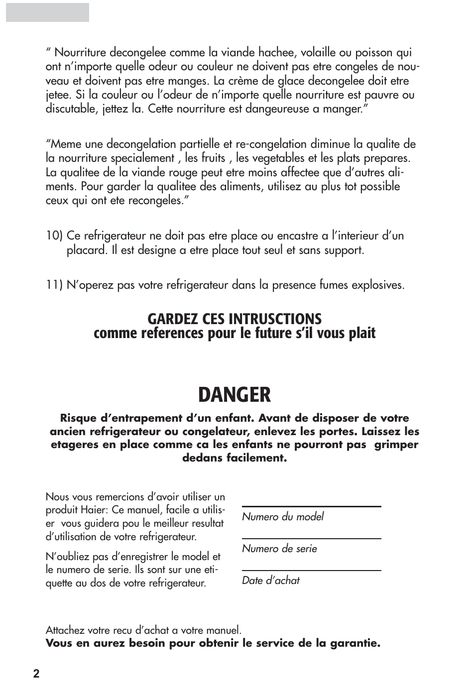 Danger | haier HRF12WNDWW User Manual | Page 20 / 54