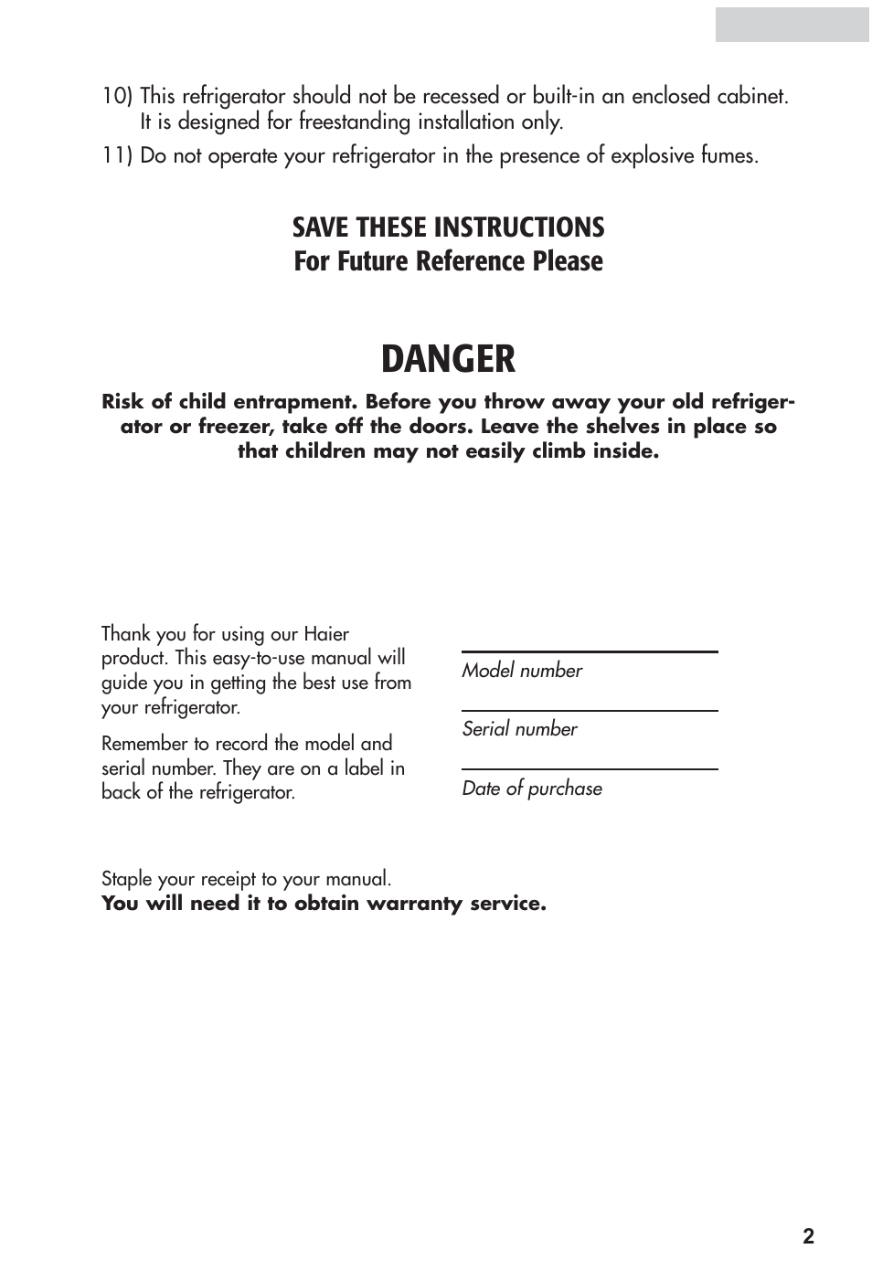 Danger | haier HRF12WNDWW User Manual | Page 3 / 54
