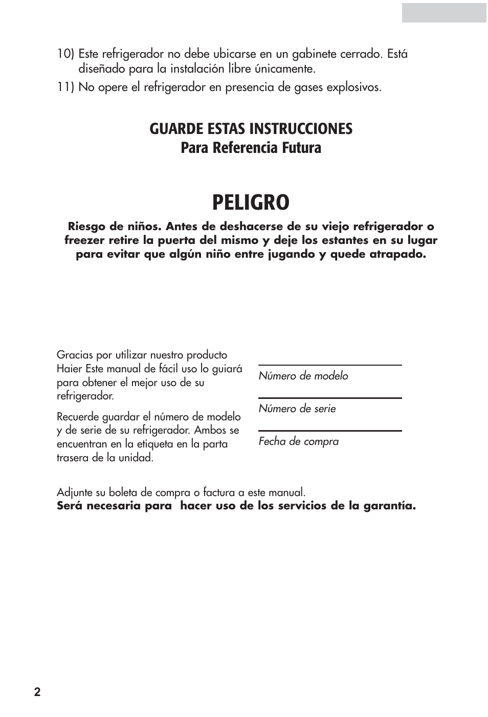 Peligro, Guarde estas instrucciones para referencia futura | haier HRF12WNDWW User Manual | Page 37 / 54