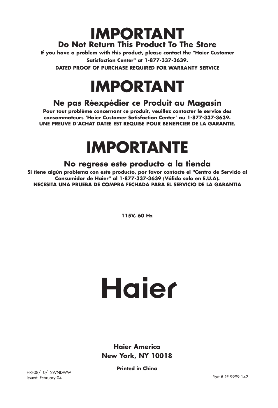 Important, Importante | haier HRF12WNDWW User Manual | Page 54 / 54