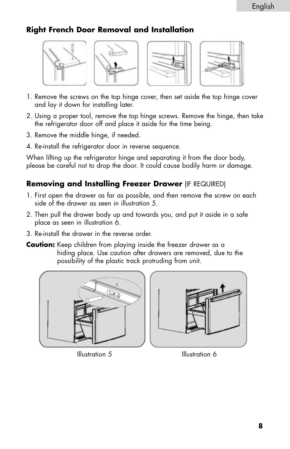 English, Right french door removal and installation, Removing and installing freezer drawer | haier HB21FC75 User Manual | Page 10 / 112