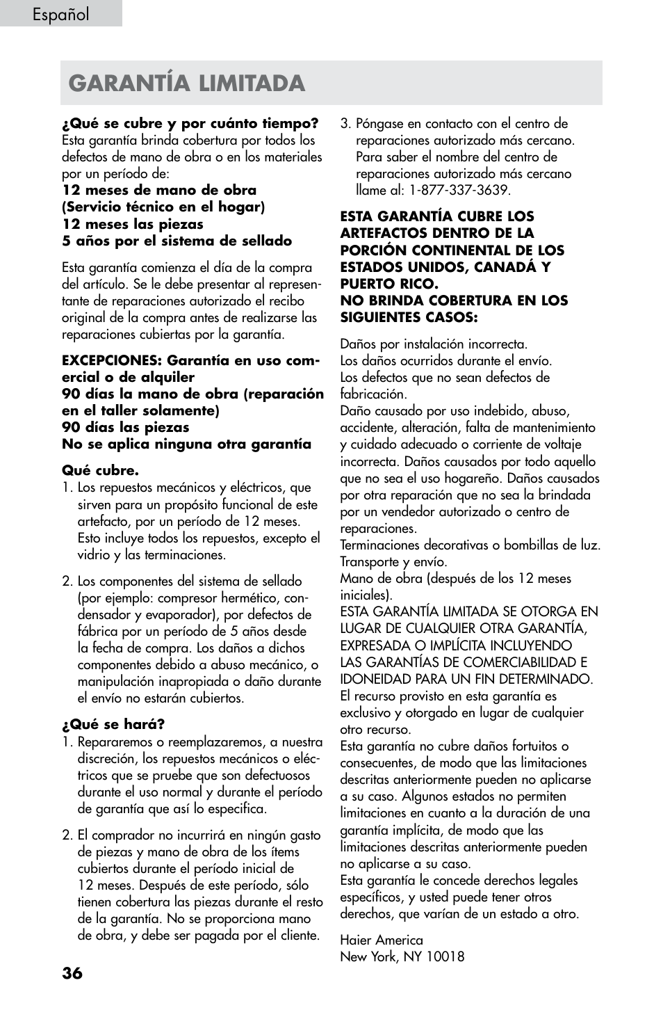 Garantía limitada, Español | haier HB21FC75 User Manual | Page 109 / 112