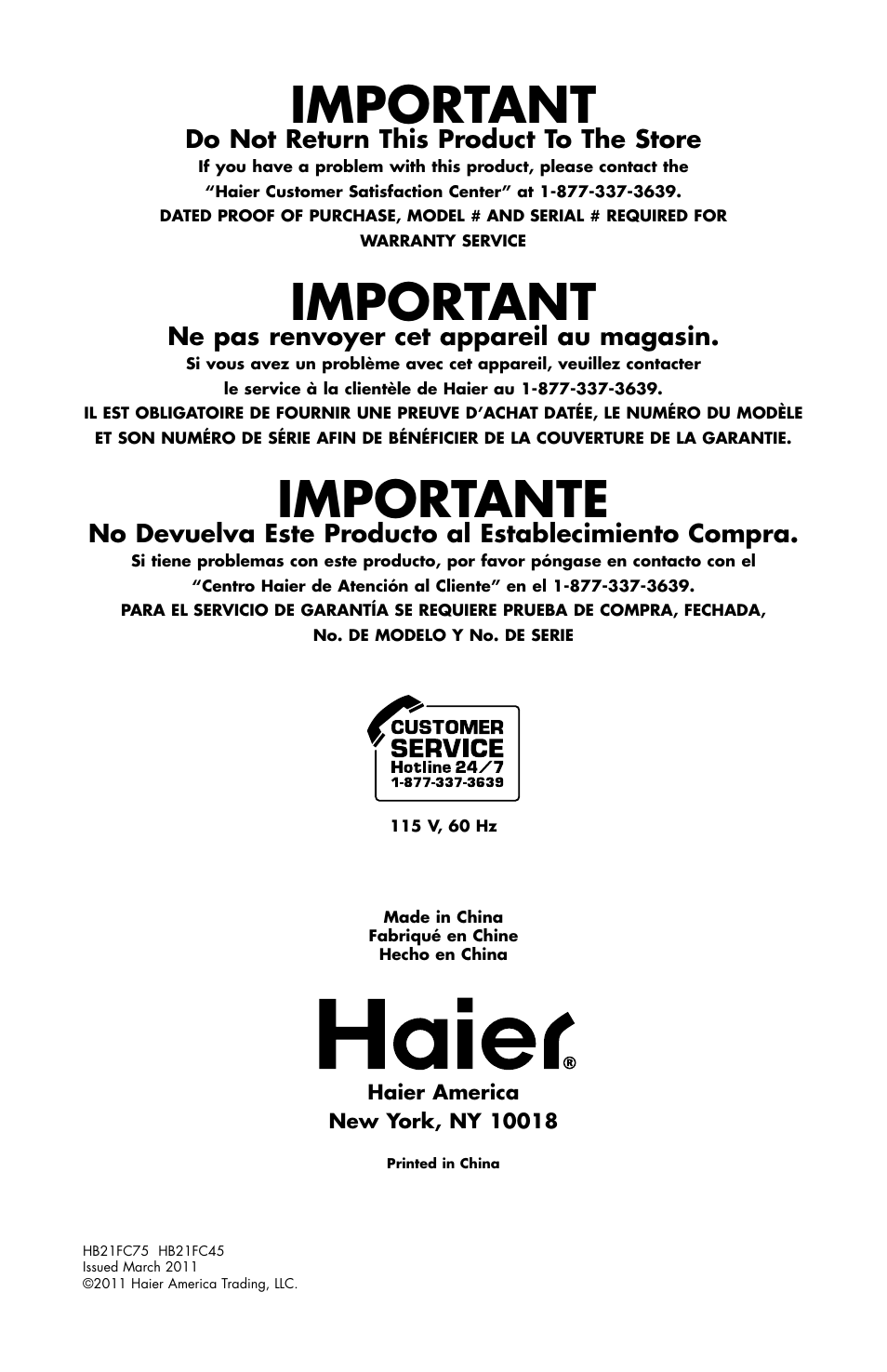 Important, Importante, Do not return this product to the store | Ne pas renvoyer cet appareil au magasin | haier HB21FC75 User Manual | Page 112 / 112