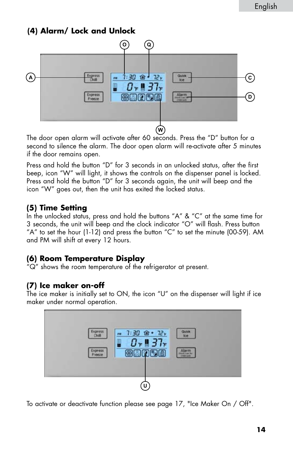 4) alarm/ lock and unlock, 5) time setting, 6) room temperature display | 7) ice maker on-off, English | haier HB21FC75 User Manual | Page 16 / 112