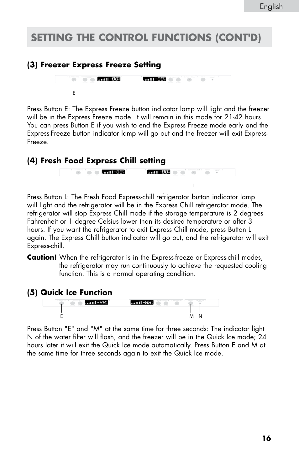 Setting the control functions (cont'd), 3) freezer express freeze setting, 4) fresh food express chill setting | 5) quick ice function, English | haier HB21FC75 User Manual | Page 18 / 112