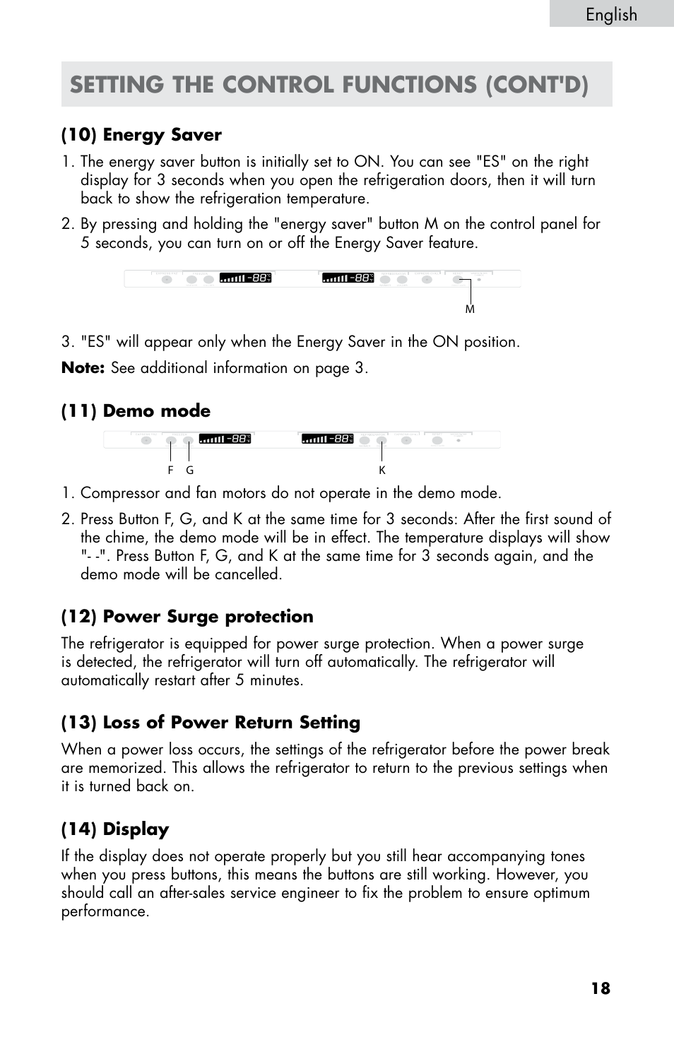 Setting the control functions (cont'd), English, 10) energy saver | 11) demo mode, 12) power surge protection, 13) loss of power return setting, 14) display | haier HB21FC75 User Manual | Page 20 / 112