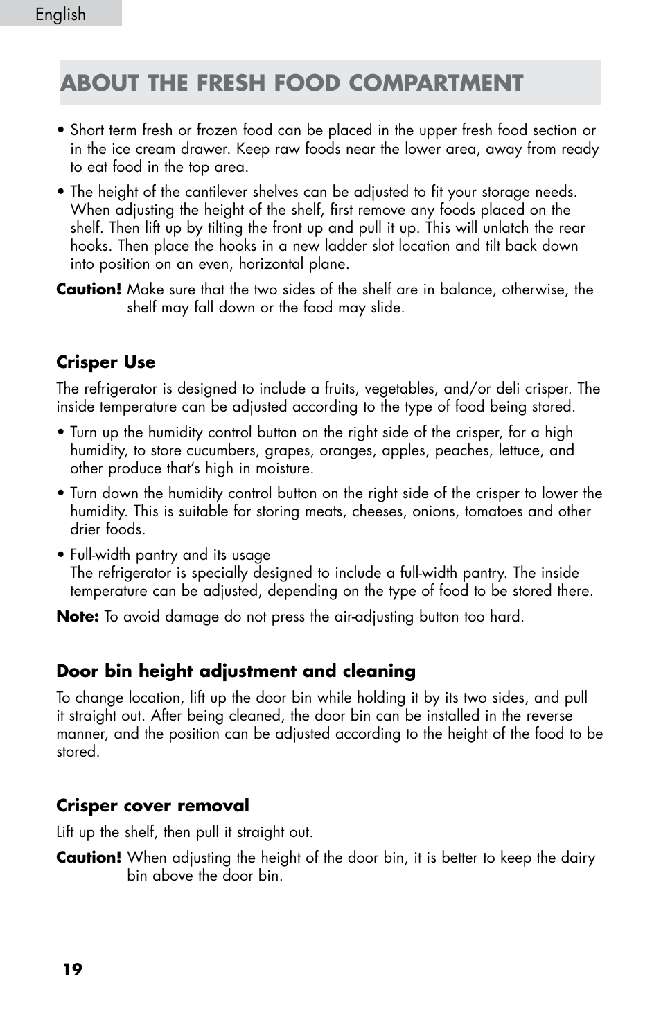 About the fresh food compartment | haier HB21FC75 User Manual | Page 21 / 112