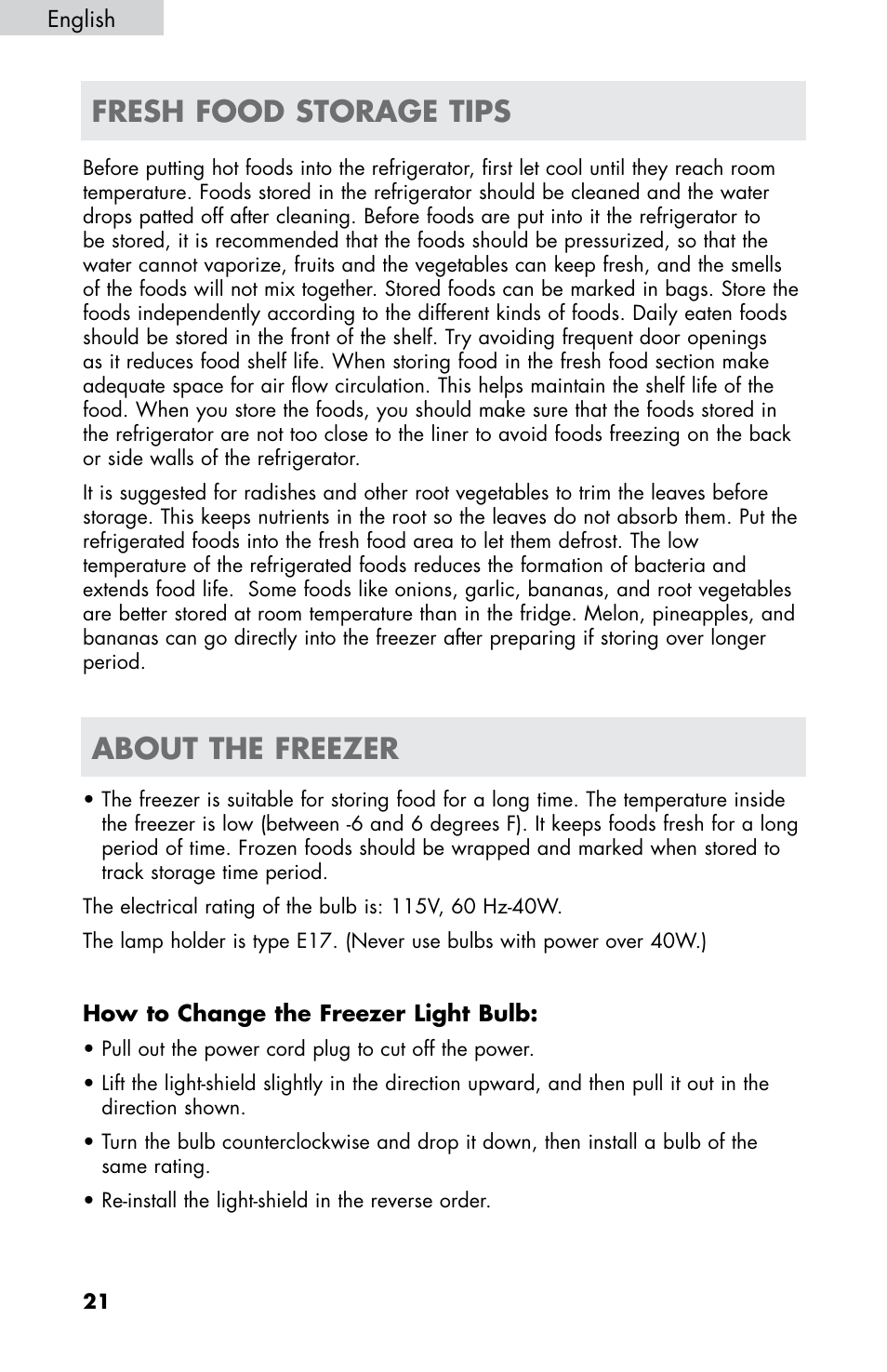 Fresh food storage tips about the freezer | haier HB21FC75 User Manual | Page 23 / 112