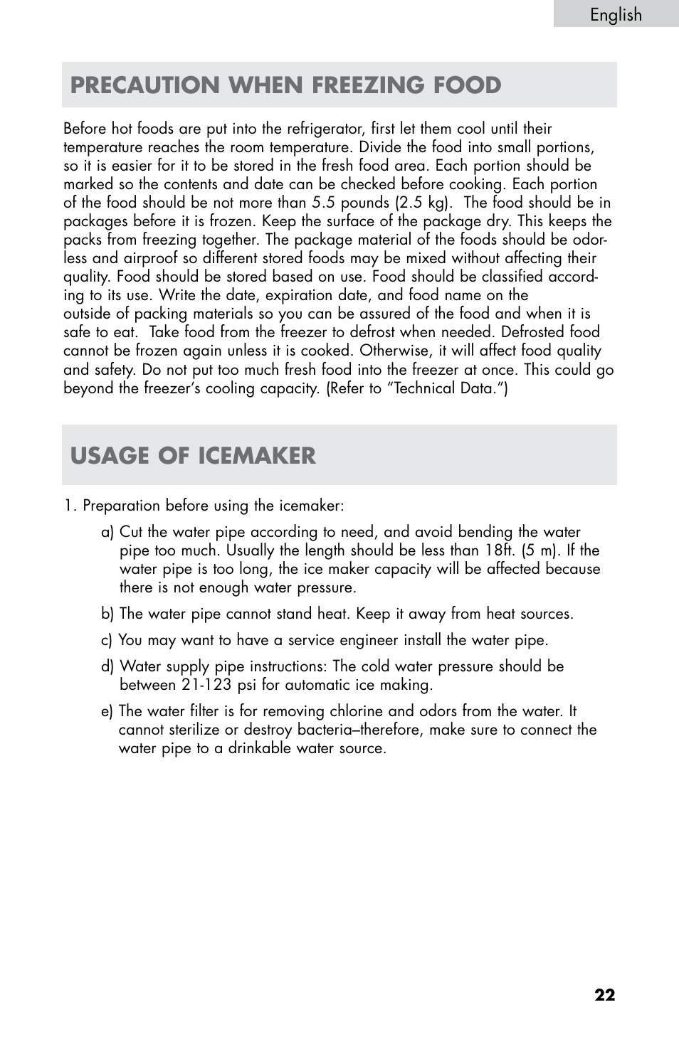 Precaution when freezing food usage of icemaker | haier HB21FC75 User Manual | Page 24 / 112