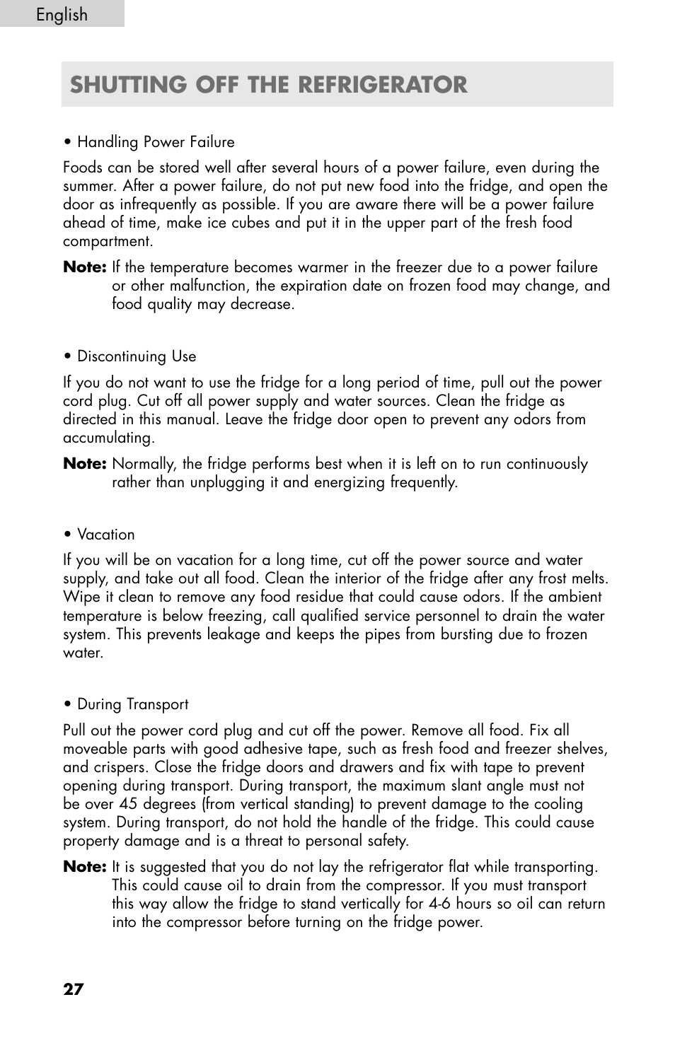 Shutting off the refrigerator | haier HB21FC75 User Manual | Page 29 / 112