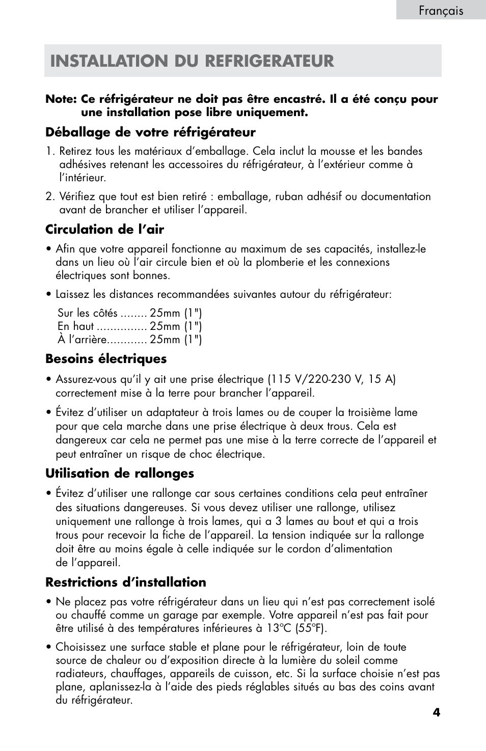 Installation du refrigerateur | haier HB21FC75 User Manual | Page 42 / 112