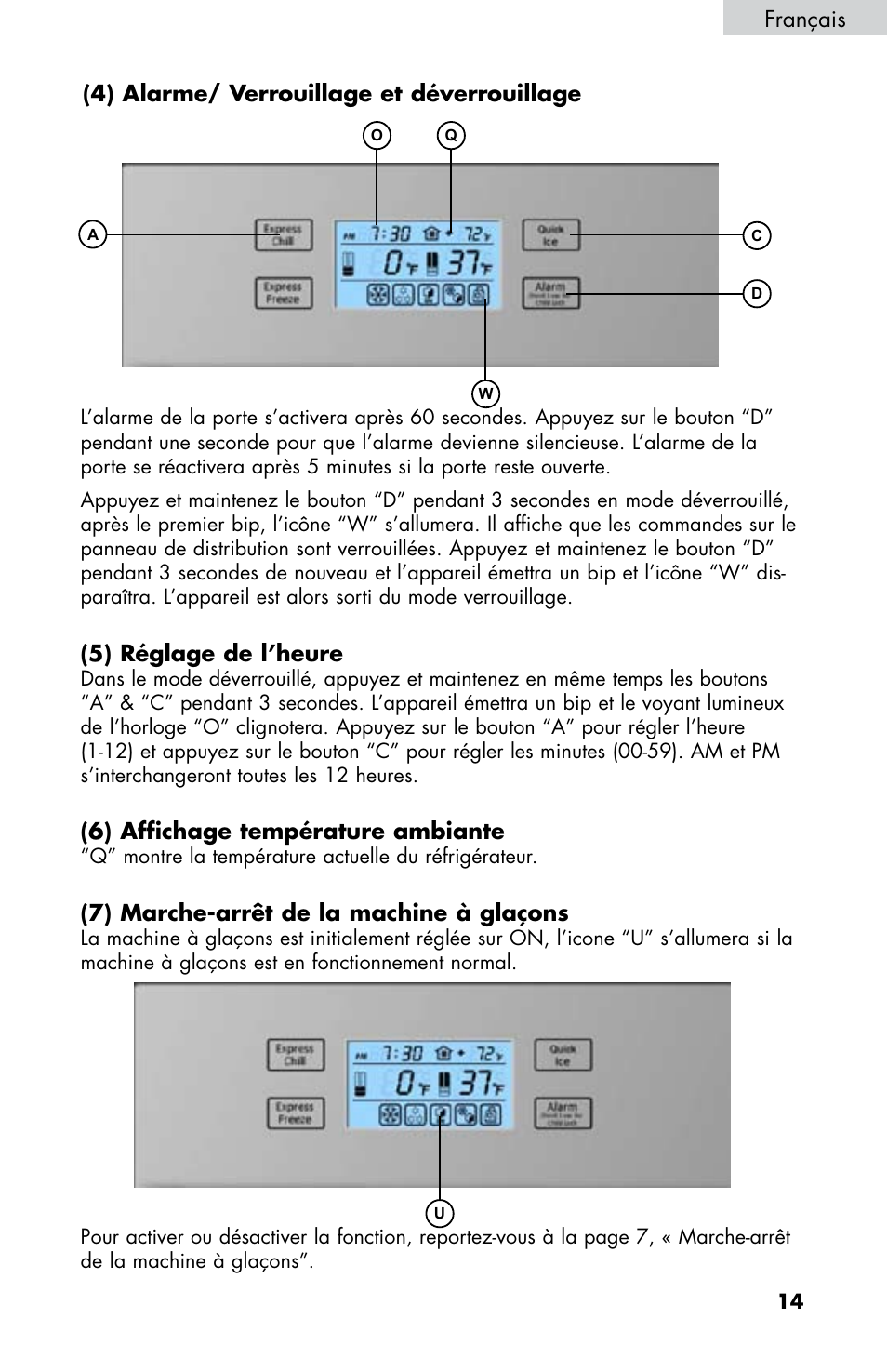 4) alarme/ verrouillage et déverrouillage, 5) réglage de l’heure, 6) affichage température ambiante | 7) marche-arrêt de la machine à glaçons, Français | haier HB21FC75 User Manual | Page 52 / 112
