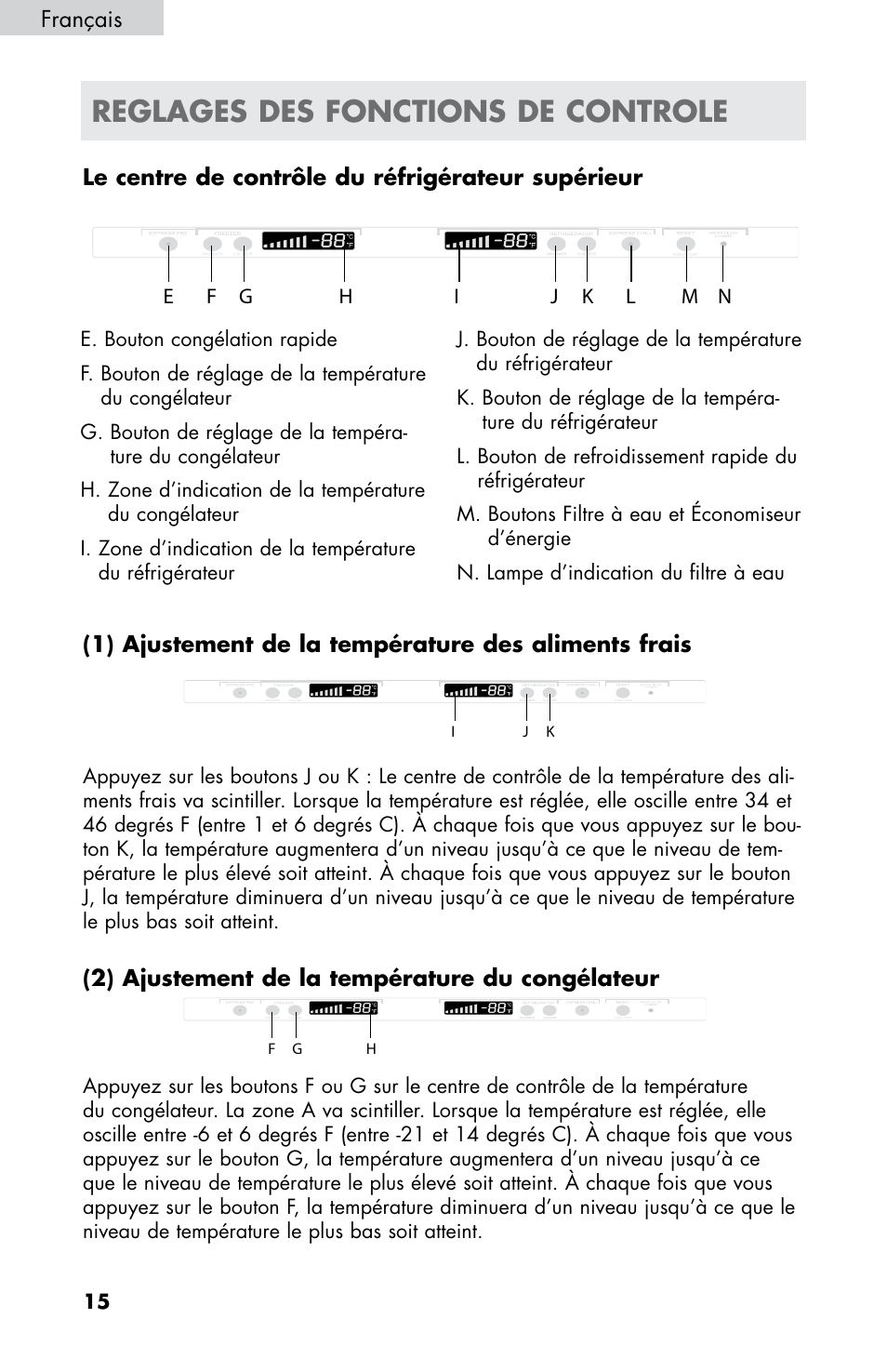 Reglages des fonctions de controle, Le centre de contrôle du réfrigérateur supérieur, 1) ajustement de la température des aliments frais | 2) ajustement de la température du congélateur, Français | haier HB21FC75 User Manual | Page 53 / 112