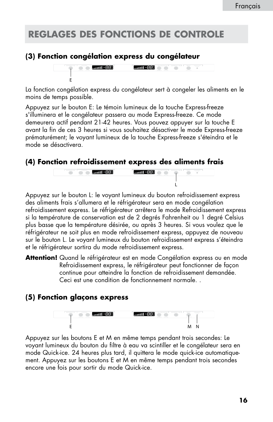 Reglages des fonctions de controle, 5) fonction glaçons express | haier HB21FC75 User Manual | Page 54 / 112