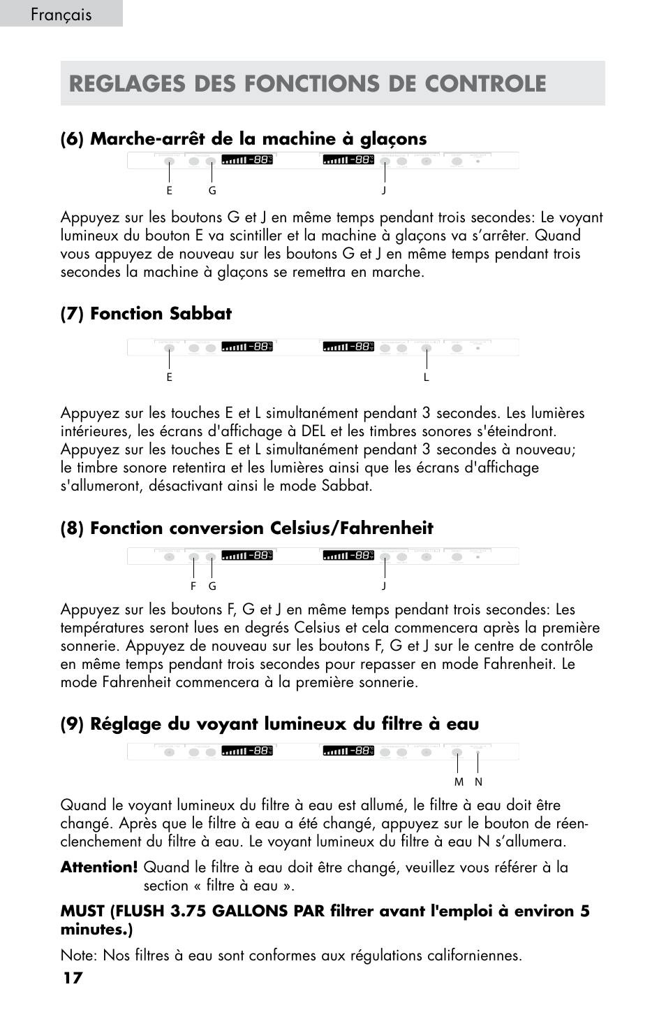 Reglages des fonctions de controle, 6) marche-arrêt de la machine à glaçons, 7) fonction sabbat | 8) fonction conversion celsius/fahrenheit, 9) réglage du voyant lumineux du filtre à eau, Français | haier HB21FC75 User Manual | Page 55 / 112