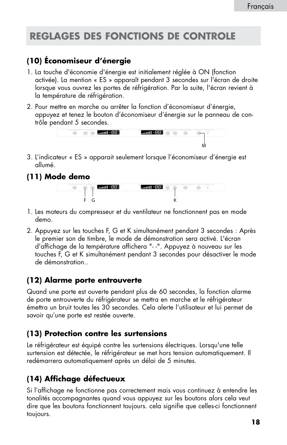 Reglages des fonctions de controle, Français (10) économiseur d’énergie, 11) mode demo | 12) alarme porte entrouverte, 13) protection contre les surtensions, 14) affichage défectueux | haier HB21FC75 User Manual | Page 56 / 112