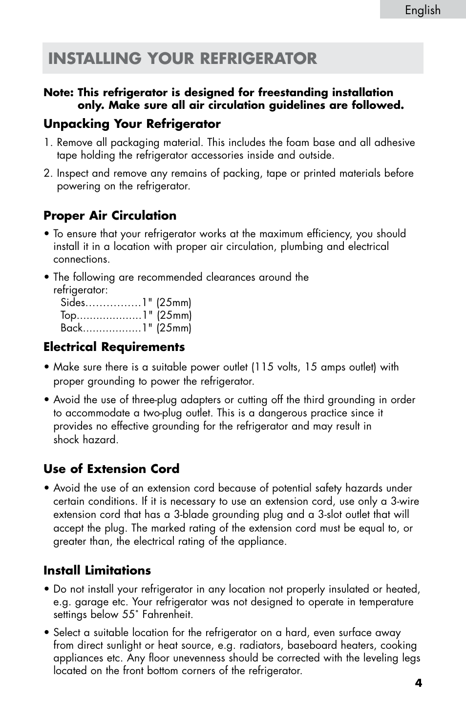 Installing your refrigerator | haier HB21FC75 User Manual | Page 6 / 112