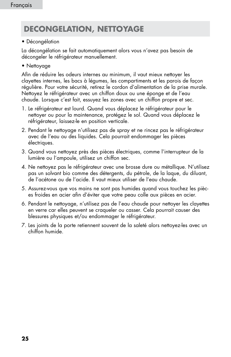 Decongelation, nettoyage | haier HB21FC75 User Manual | Page 63 / 112