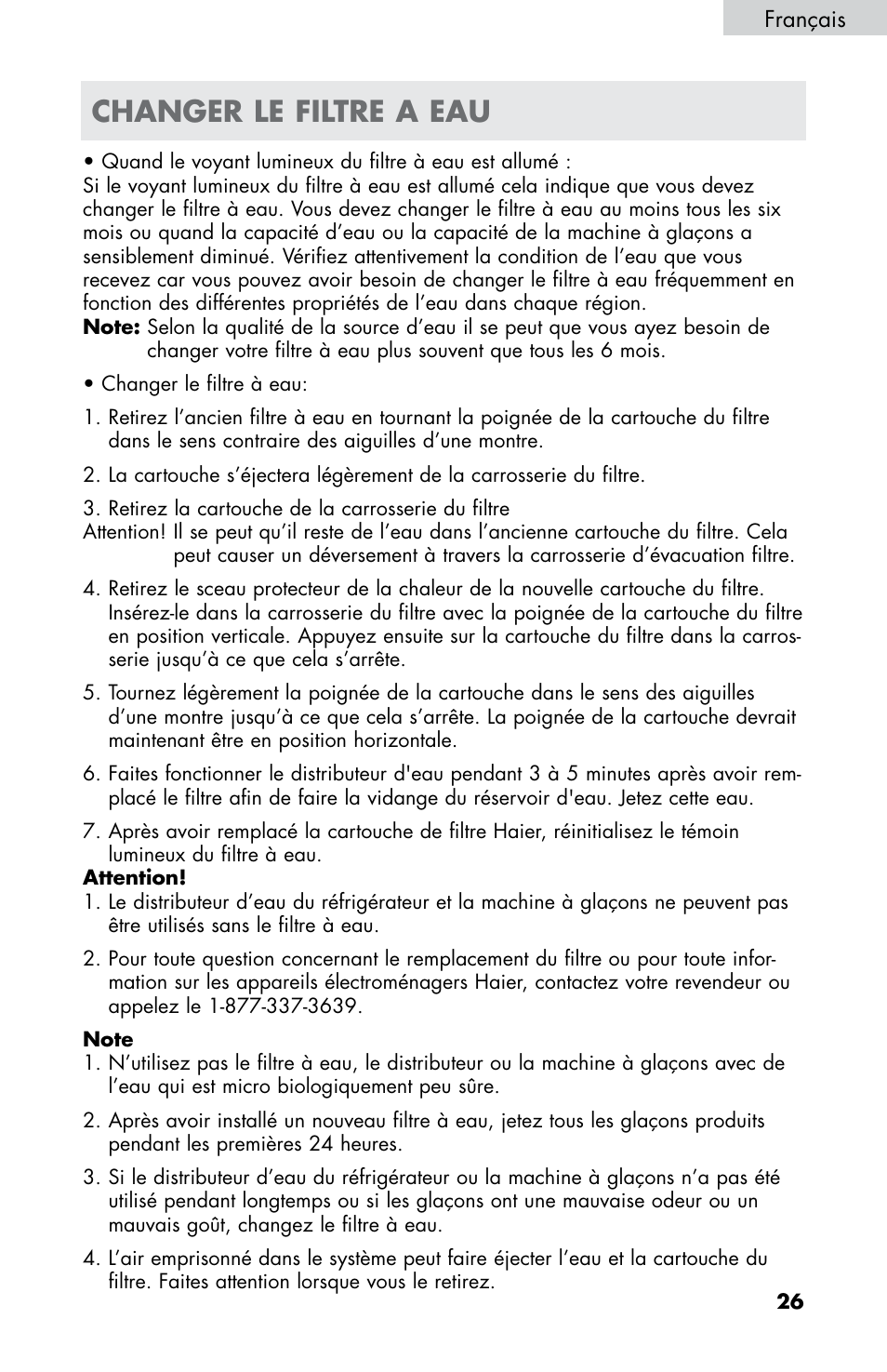 Changer le filtre a eau | haier HB21FC75 User Manual | Page 64 / 112