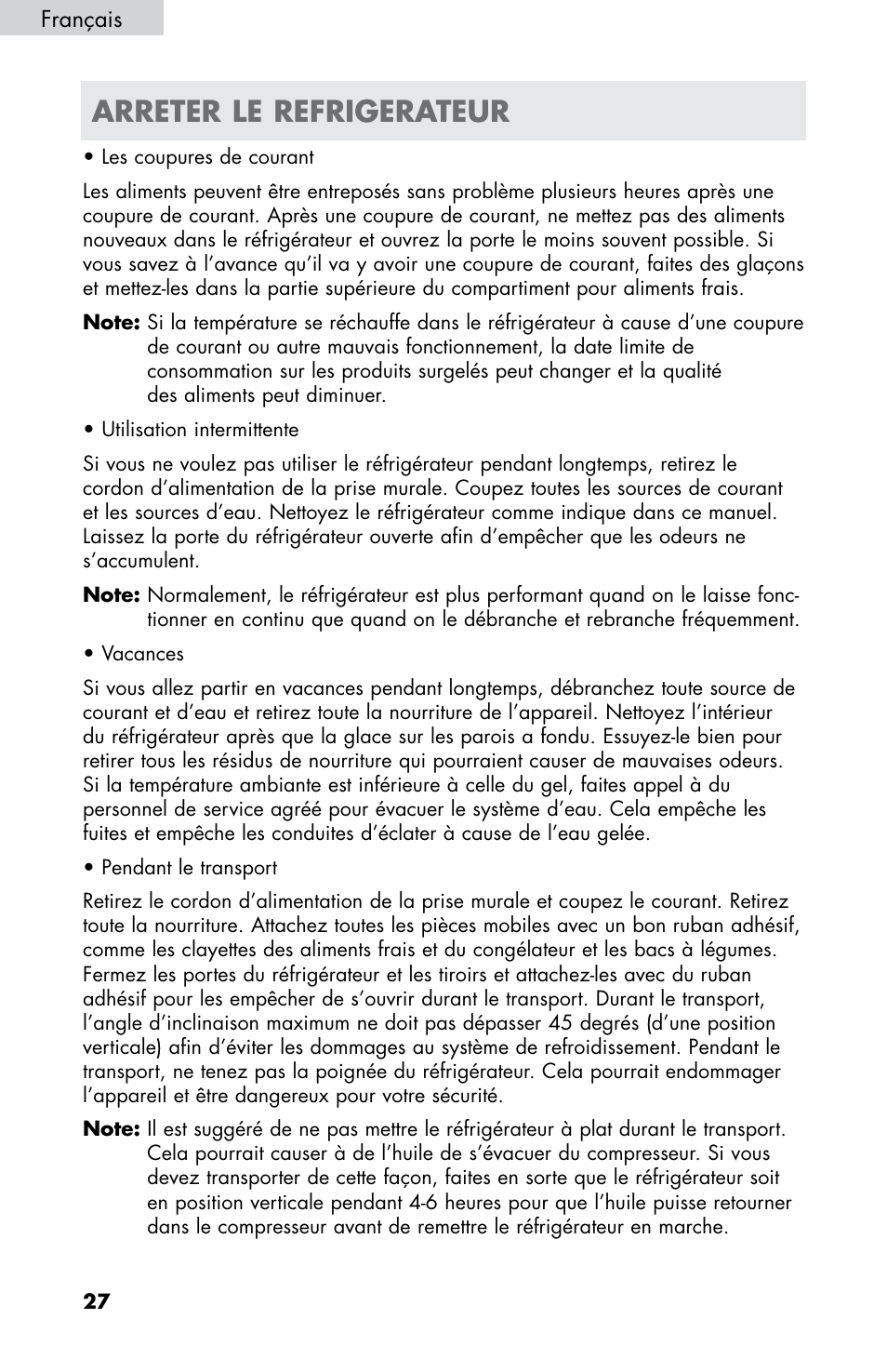 Arreter le refrigerateur | haier HB21FC75 User Manual | Page 65 / 112