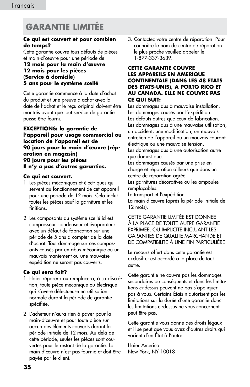 Garantie limitée, Français | haier HB21FC75 User Manual | Page 73 / 112