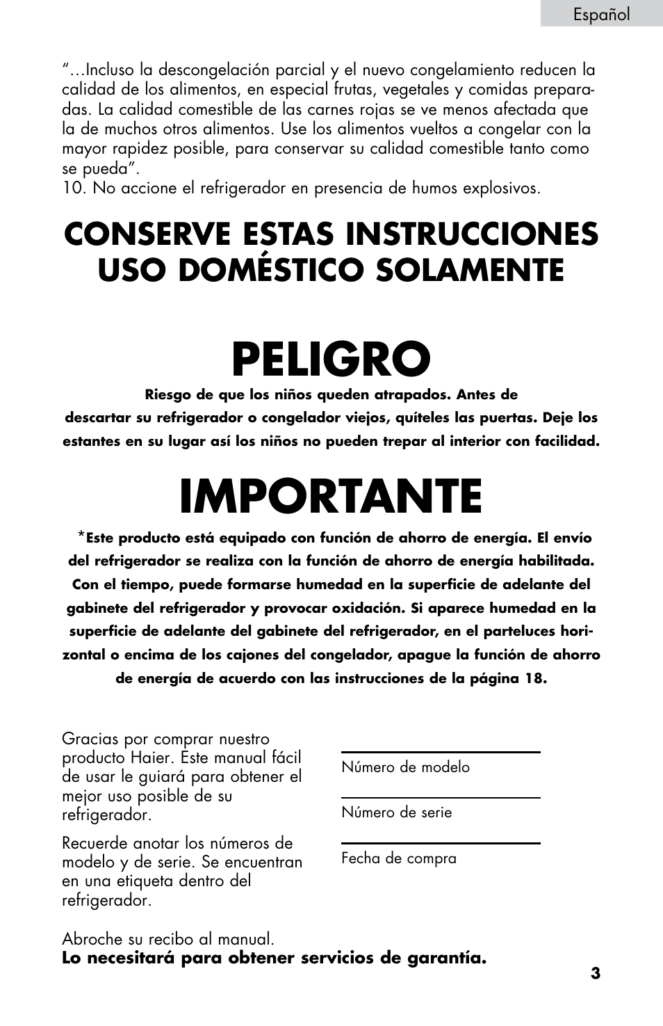 Peligro, Importante | haier HB21FC75 User Manual | Page 76 / 112