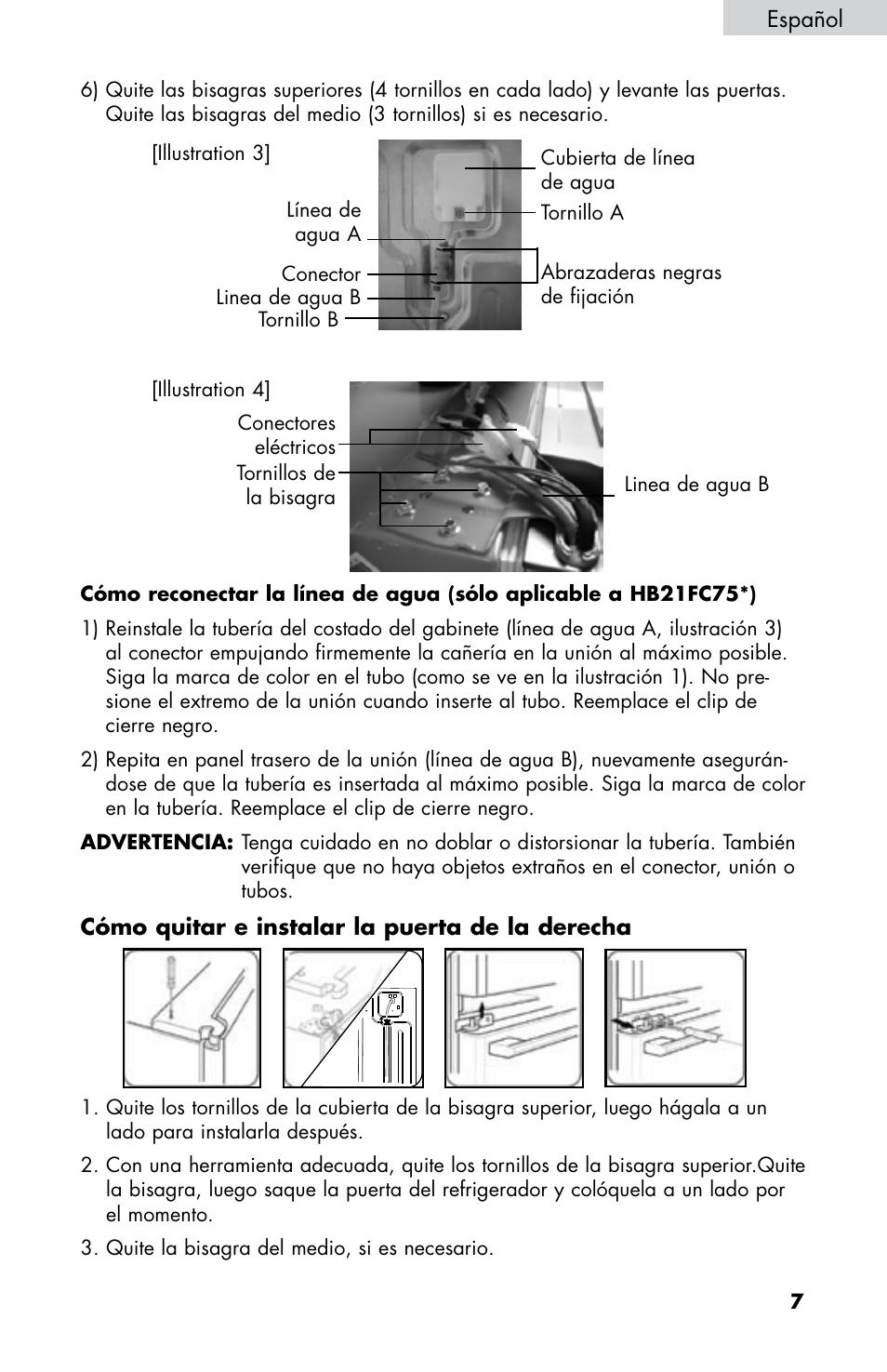 Español, Cómo quitar e instalar la puerta de la derecha | haier HB21FC75 User Manual | Page 80 / 112