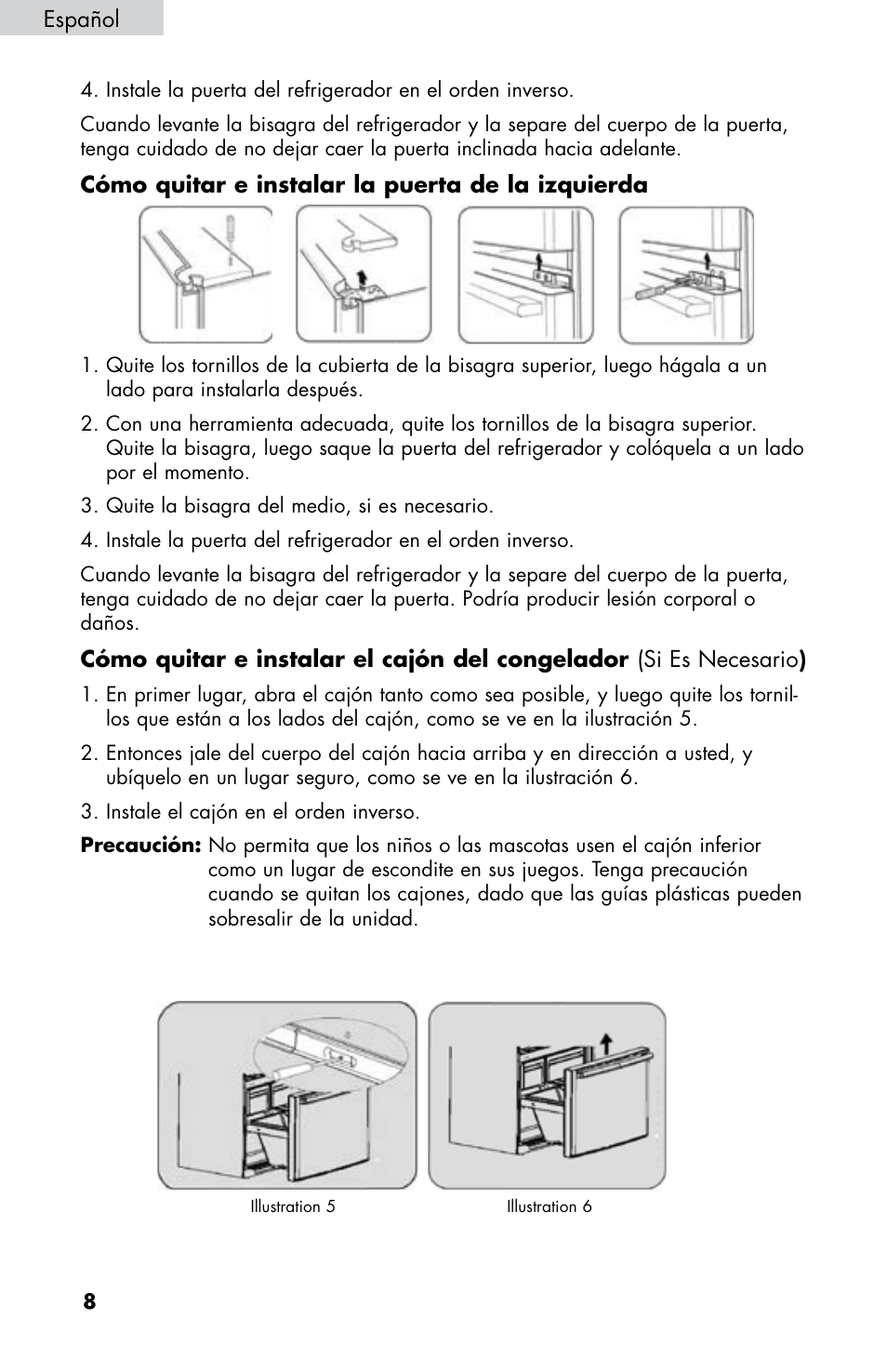 Español, Cómo quitar e instalar la puerta de la izquierda | haier HB21FC75 User Manual | Page 81 / 112