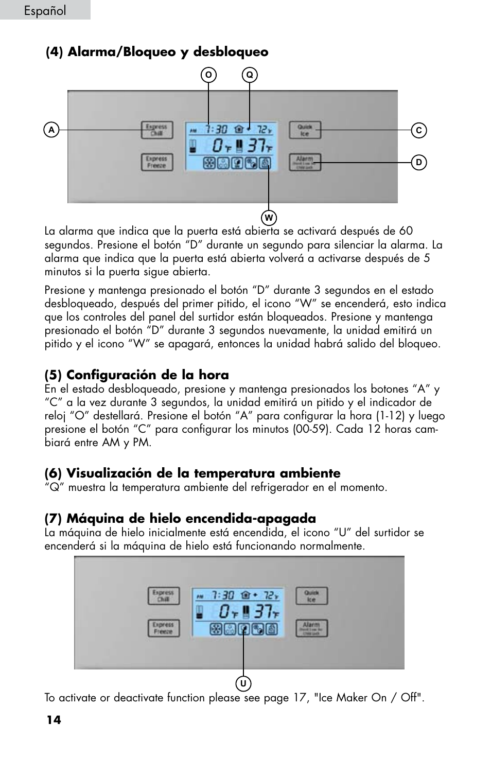 4) alarma/bloqueo y desbloqueo, 5) configuración de la hora, 6) visualización de la temperatura ambiente | 7) máquina de hielo encendida-apagada, Español | haier HB21FC75 User Manual | Page 87 / 112