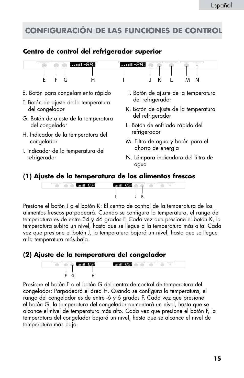 Configuración de las funciones de control, Español, Centro de control del refrigerador superior | 2) ajuste de la temperatura del congelador | haier HB21FC75 User Manual | Page 88 / 112