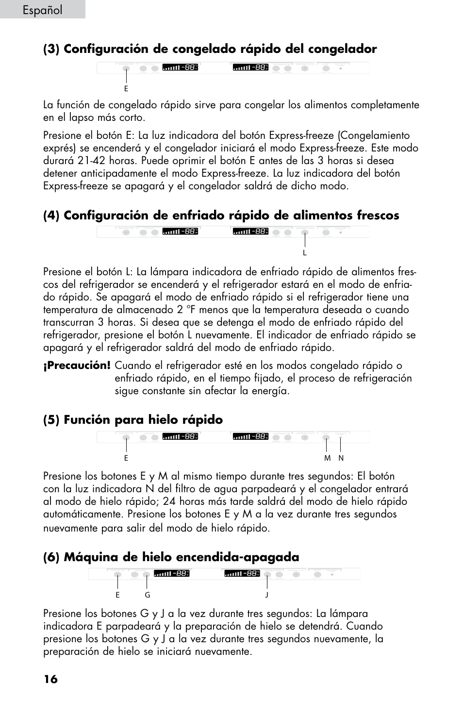 5) función para hielo rápido, 6) máquina de hielo encendida-apagada, Español | haier HB21FC75 User Manual | Page 89 / 112