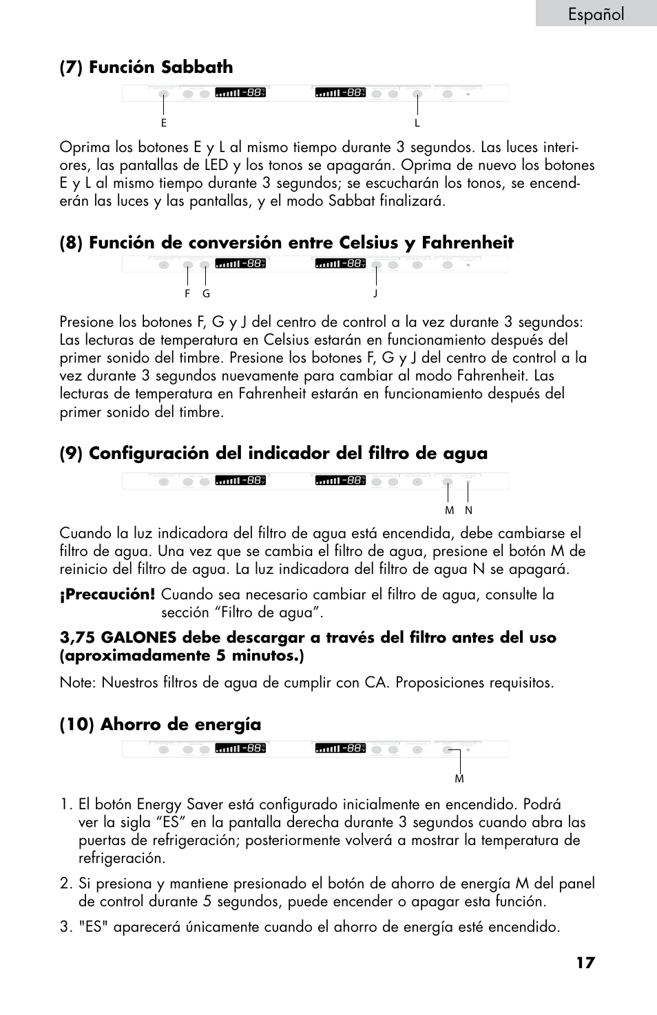 Español (7) función sabbath, 9) configuración del indicador del filtro de agua, 10) ahorro de energía | haier HB21FC75 User Manual | Page 90 / 112