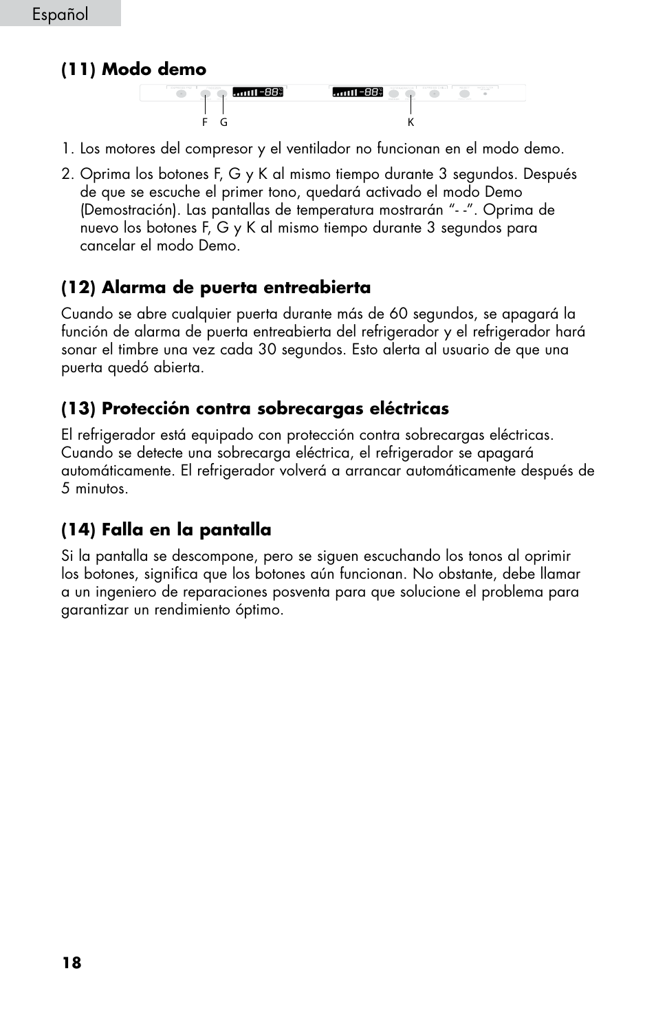 Español (11) modo demo, 12) alarma de puerta entreabierta, 13) protección contra sobrecargas eléctricas | 14) falla en la pantalla | haier HB21FC75 User Manual | Page 91 / 112